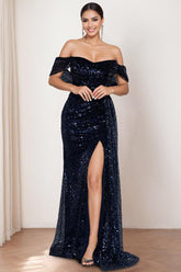 Off-the-shoulder Sequined Mother of the Bride & Groom Column Dress with Front Split