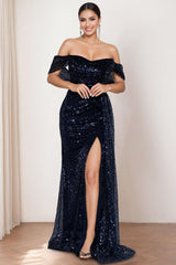 Off-the-shoulder Sequined Mother of the Bride & Groom Column Dress with Front Split