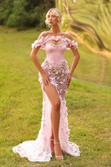 Off the Shouder Prom Dress Satin Tulle Mermaid 3D Flowers Evening Dress with Slit