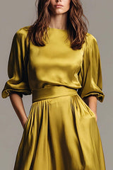 Olive Satin A-Line Long Evening Dress With Sleeves