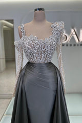 Olive Square A Line Sleeves Beaded Lace Column Panel Train Satin Formal Dress With Pearls