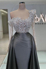 Olive Square A Line Sleeves Beaded Lace Column Panel Train Satin Formal Dress With Pearls