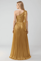 Dreamyannie One Shoulder A-Line Golden Metallic Pleated Formal Dress