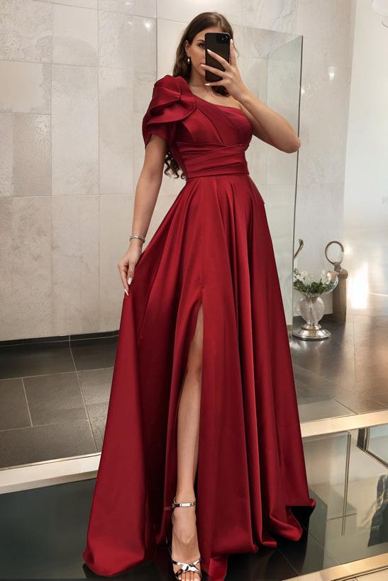 One Shoulder A Line Satin Bridesmaid Dress with Ruffle Short Sleeves Sweep Train