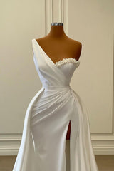 One Shoulder Charmeuse White Wedding Dress with Beadings