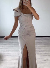 One Shoulder Elastic Satin Bridesmaid Dresses With Beading