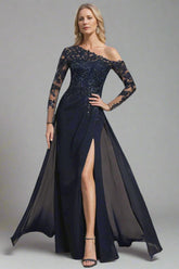 One-Shoulder Floor-Length A-Line Mother of the Bride Dress with Long Sleeves and High Slit