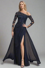 One-Shoulder Floor-Length A-Line Mother of the Bride Dress with Long Sleeves and High Slit