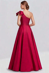 Dreamyannie One Shoulder Fuchsia Wedding Guest Dress A Line Satin Long Formal Dress Bow