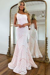 One Shoulder Prom Dress Sequined Mermaid Evening Dress Ivory and Pink