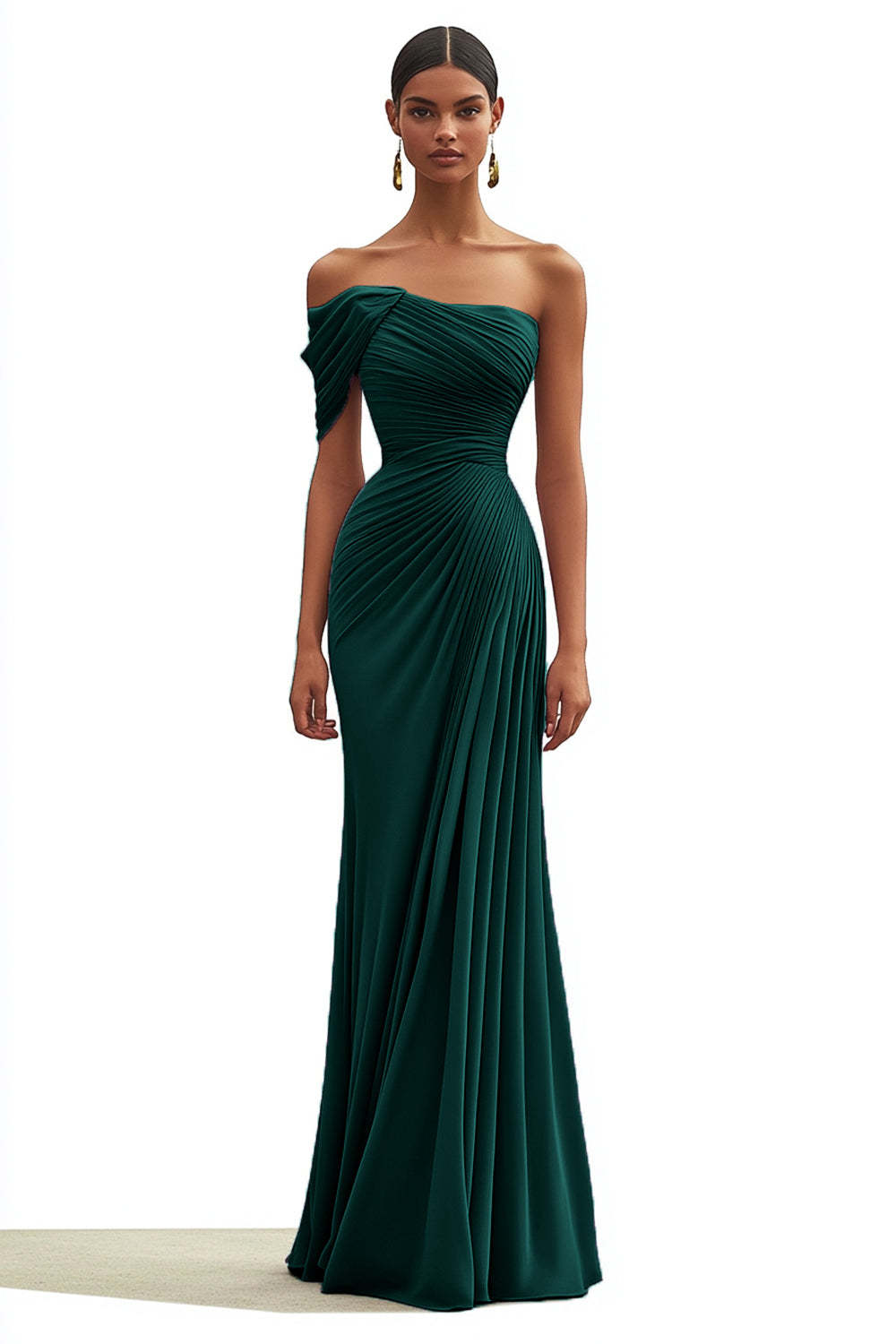One Shoulder Ruched Mermaid Dark Green Wedding Guest Dress Long Formal Dress