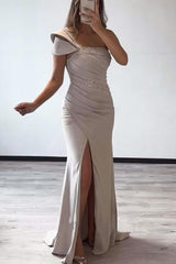 One Shoulder Satin Prom Dress Beaded Mermaid Evening Formal Gown