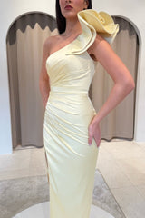 One Shoulder Satin Prom Dress with Sculpted Ruffle and Front Slit