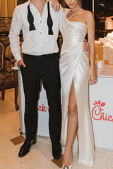 One-Shoulder Sheath Column Slit Silk Like Satin Wedding Dresses