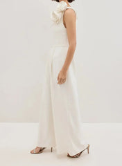 One Shoulder Sleeveless Floor Length Elastic Satin Wedding Jumpsuit with Flowers