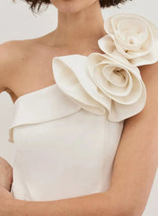 One Shoulder Sleeveless Floor Length Elastic Satin Wedding Jumpsuit with Flowers