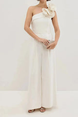 One Shoulder Sleeveless Floor Length Elastic Satin Wedding Jumpsuit with Flowers