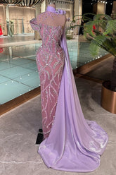 One Shoulder Beaded Prom Dress Purple Column Evening Dress with Train