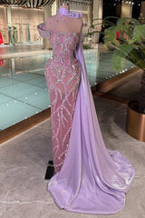 One Shoulder Beaded Prom Dress Purple Column Evening Dress with Train