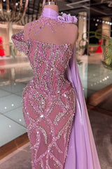 One Shoulder Beaded Prom Dress Purple Column Evening Dress with Train