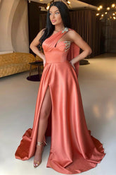 Orange A Line Prom Dress Sleeveless One Shoulder Beaded Evening Dress