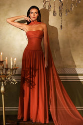 Orange A Line Prom Dress Sleeveless Strapless Evening Dress
