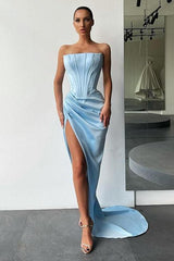 Orange High Split Strapless Pleats Prom Dress With Court Train