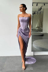 Orange High Split Strapless Pleats Prom Dress With Court Train