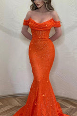 Orange Mermaid Prom Dress Off the Shoulder Evening Dress