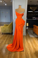 Orange Mermaid Prom Dress Sleeveless Strapless Beaded Evening Dress