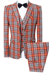 Orange Plaid Peaked Lapel 3 Piece Chic Business Suit