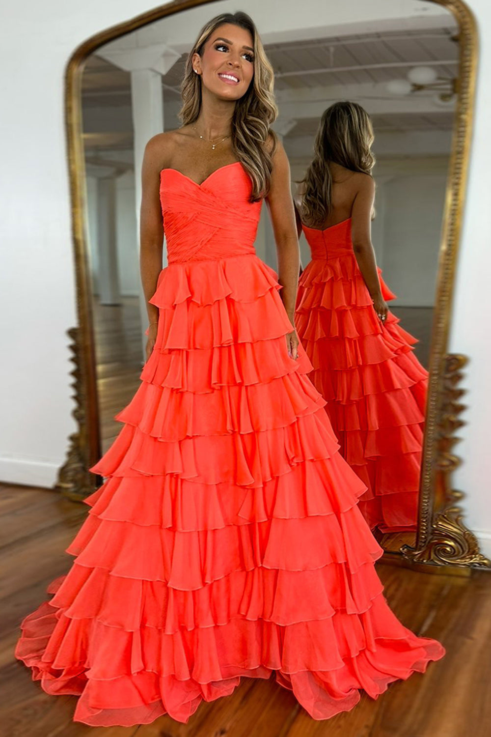Orange Prom Dress A Line Sweetheart Long Formal Dress With Ruffles
