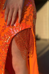 Orange Prom Dress Mermaid Off the Shoulder Corset Evening Dress with Slit