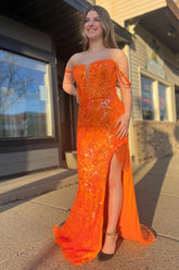 Orange Prom Dress Mermaid Off the Shoulder Corset Evening Dress with Slit