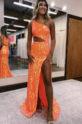 Orange Prom Dress Sequin One Shoulder Long Evening Dress with Slit