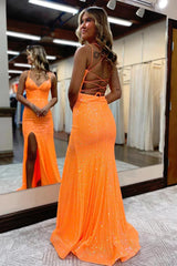 Orange Prom Dress Sequined Mermaid Evening Dress