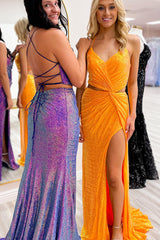 Orange Prom Dress Sequined Mermaid Spaghetti Straps Long Evening Dress With Slit