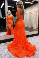 Orange Prom Dress Spaghetti Straps Mermaid Evening Dress