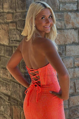 Orange Prom Dress Strapless Corset Long Evening Dress with Slit