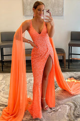 Orange Prom Dress Watteau Train Sequined Long Evening Dress