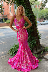 Orange Sequined V-Neck Mermaid Long Prom Dress