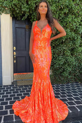 Orange Sequined V-Neck Mermaid Long Prom Dress