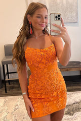 Orange Sheath Spaghetti Straps Short Graduation Dress with Appliques