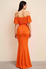 Orange Wedding Guest Dress Off The Shoulder Sheath Long Evening Dress