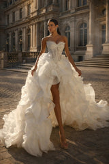 Organza A Line High Low Wedding Dress with Ruffles and Corset Bodice
