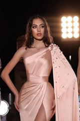 Peach One Shoulder Satin Floor Length Formal Dress With Slit