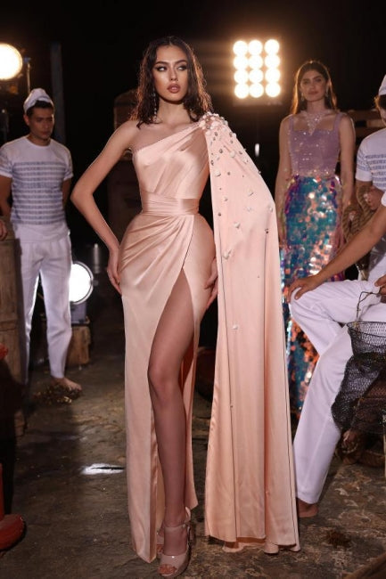 Peach One Shoulder Satin Floor Length Formal Dress With Slit
