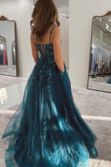 Peacock Blue Prom Dress A Line Appliqued Tulle Long Formal Dress With Slit