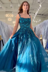 Peacock Blue Prom Dress A Line Appliqued Tulle Long Formal Dress With Slit