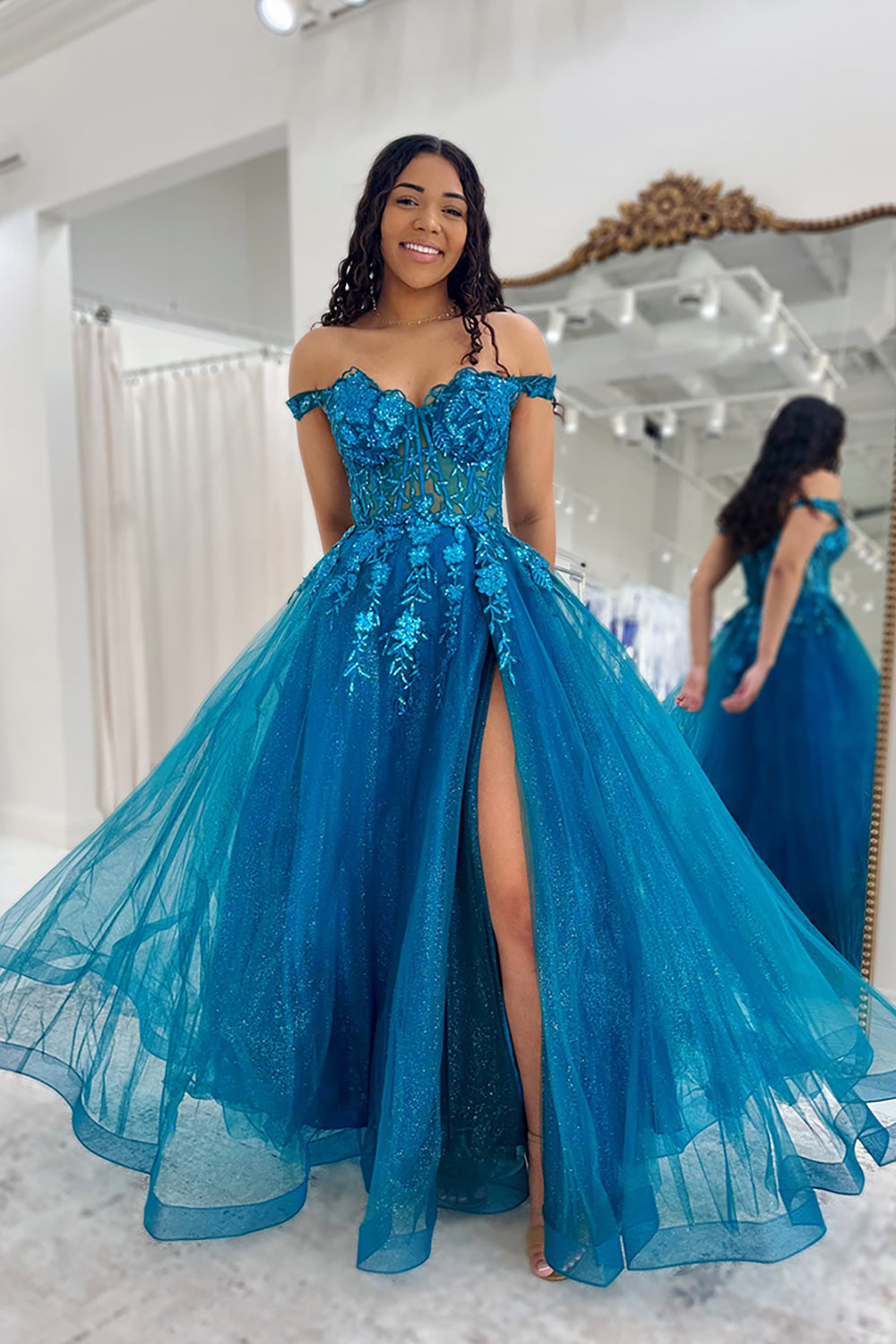 Peacock Blue Prom Dress A Line Off The Shoulder Floral Tulle Formal Dress With Slit